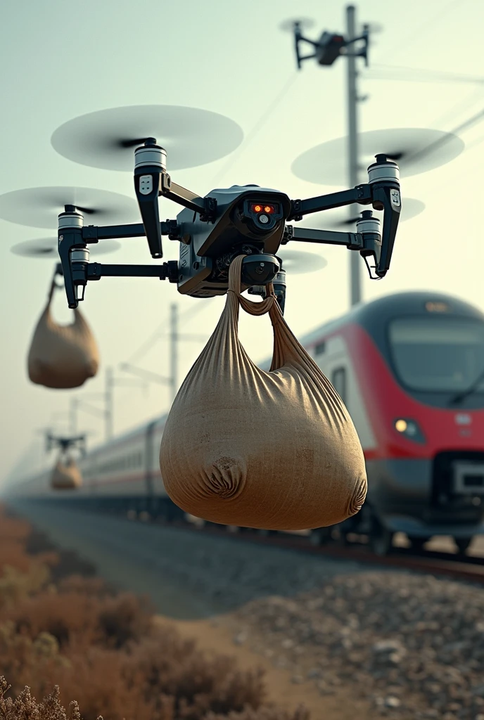 Drones lifting bags at running train backdrop