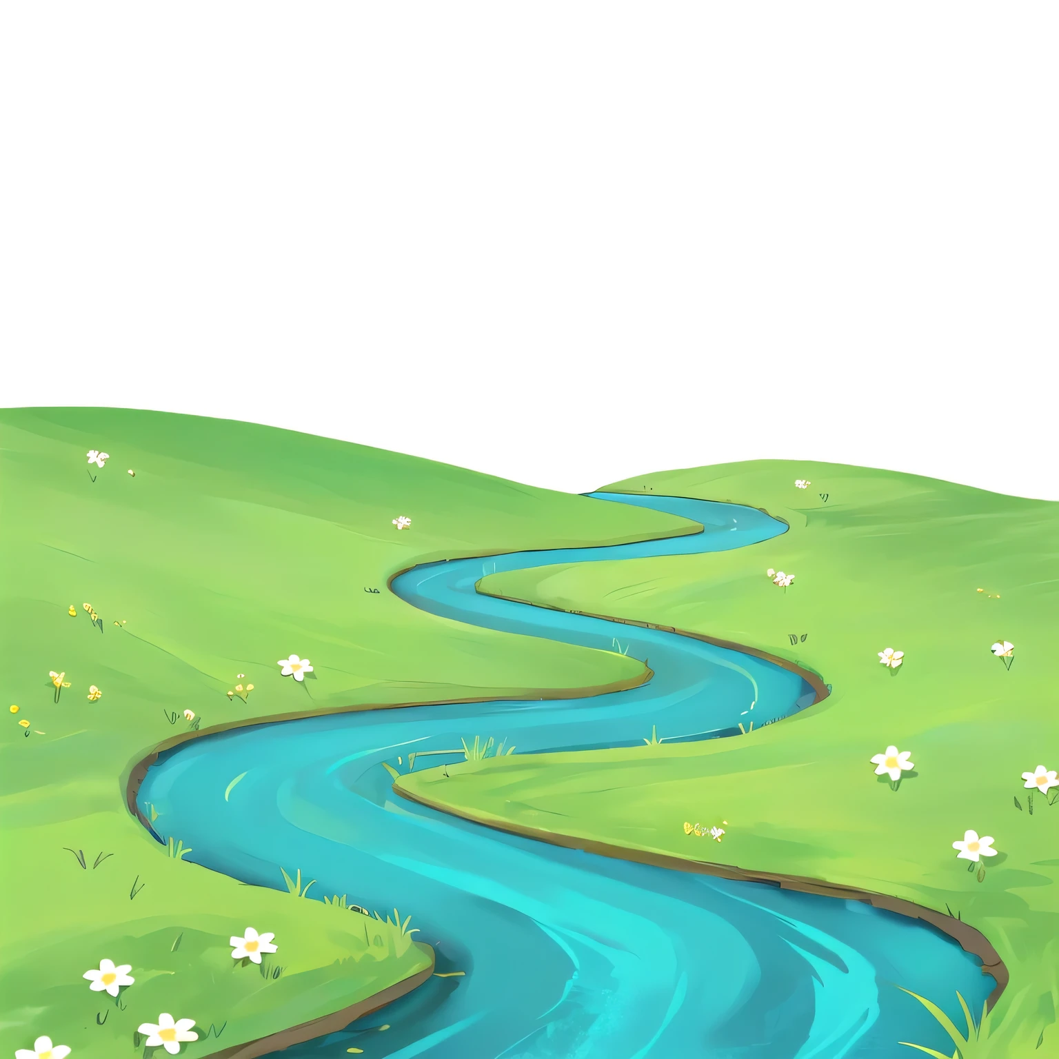 A cartoon illustration of a river running through a green field, with a river runs through it, Creek, The river in the background, The river is flowing, river runs through it, Creek on the ground, The river runs through the middle, Flowing Hills, Twisted waterway, The river flowing beside, winding river, river, Water Flow, landscape illustration