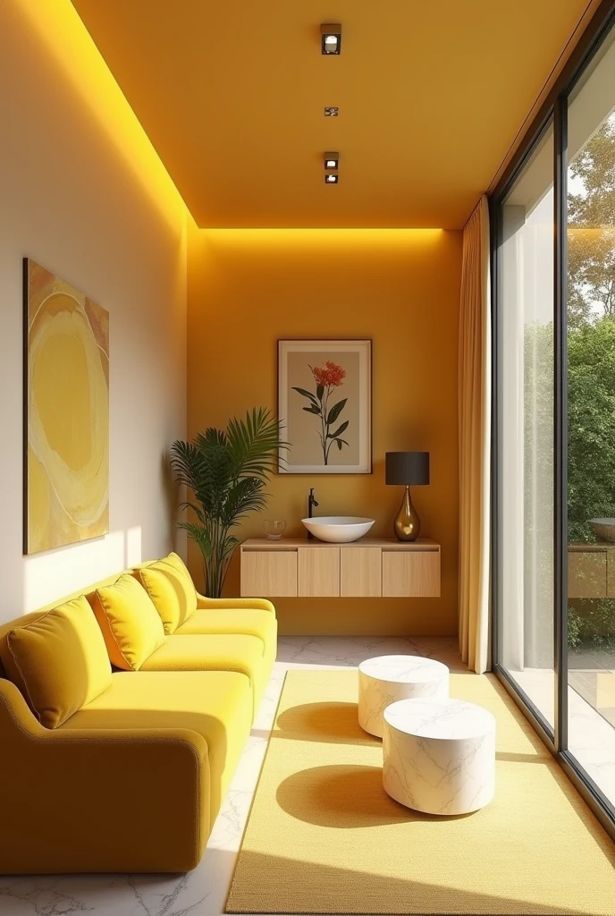 Professional 3d architecture rendering design of modern and minimal  relax room with lemon colour modern velvet  2 Florence sofa  and  white stone marble table  modern  and modern ceiling lighting and elegant ceiling lighting and  light wooden consulate  with elegant mirror elegant  and modern ceiling lighting and elegant wall painting  and elegant accessories and elegant green space 