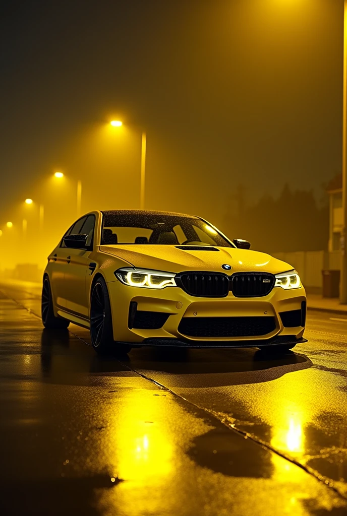 A yellow BMW M5 with a yellow light in the yellow street