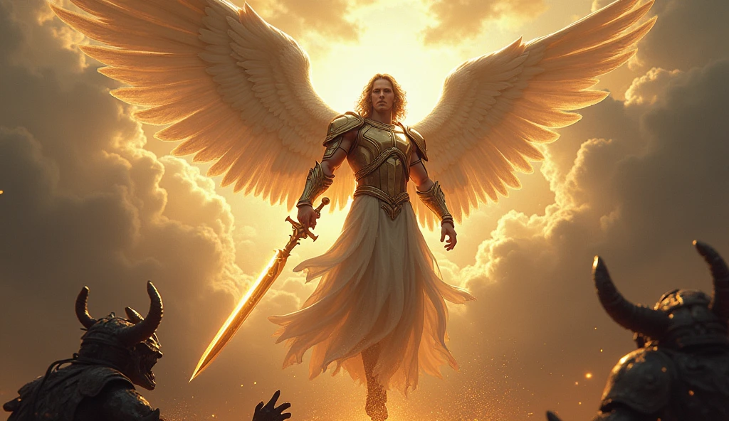 Angel Michael descending from heaven with a sword in his hand and armor, the sky is scary. at your feet on your knees is a demon