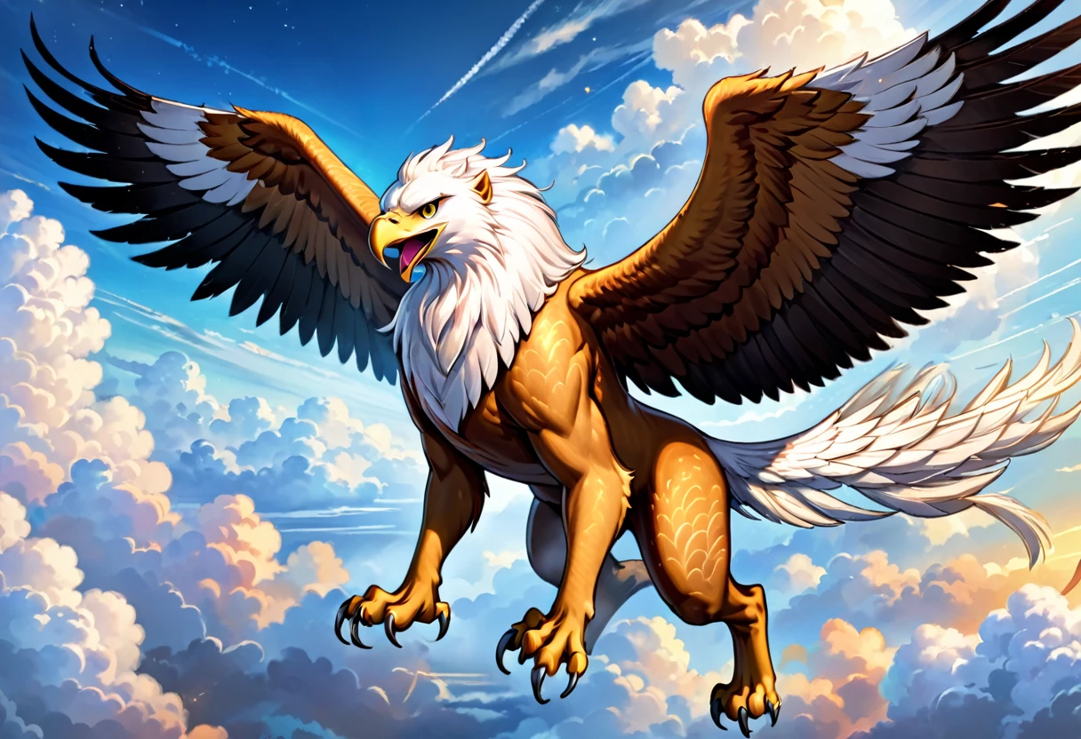 a majestic flying griffin, head and mane of a white eagle, huge eagle wings, fore legs and talons of a bald eagle, body and hind legs of a lion, lion tail, flying gracefully through clouds, ultra-detailed, 8k, photorealistic, cinematic lighting, dramatic composition, beautiful colors, fantasy art