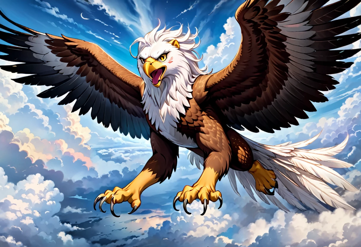 a majestic flying griffin, head and mane of a white eagle, huge eagle wings, fore legs and talons of a bald eagle, body and hind legs of a lion, lion tail, flying gracefully through clouds, ultra-detailed, 8k, photorealistic, cinematic lighting, dramatic composition, beautiful colors, fantasy art