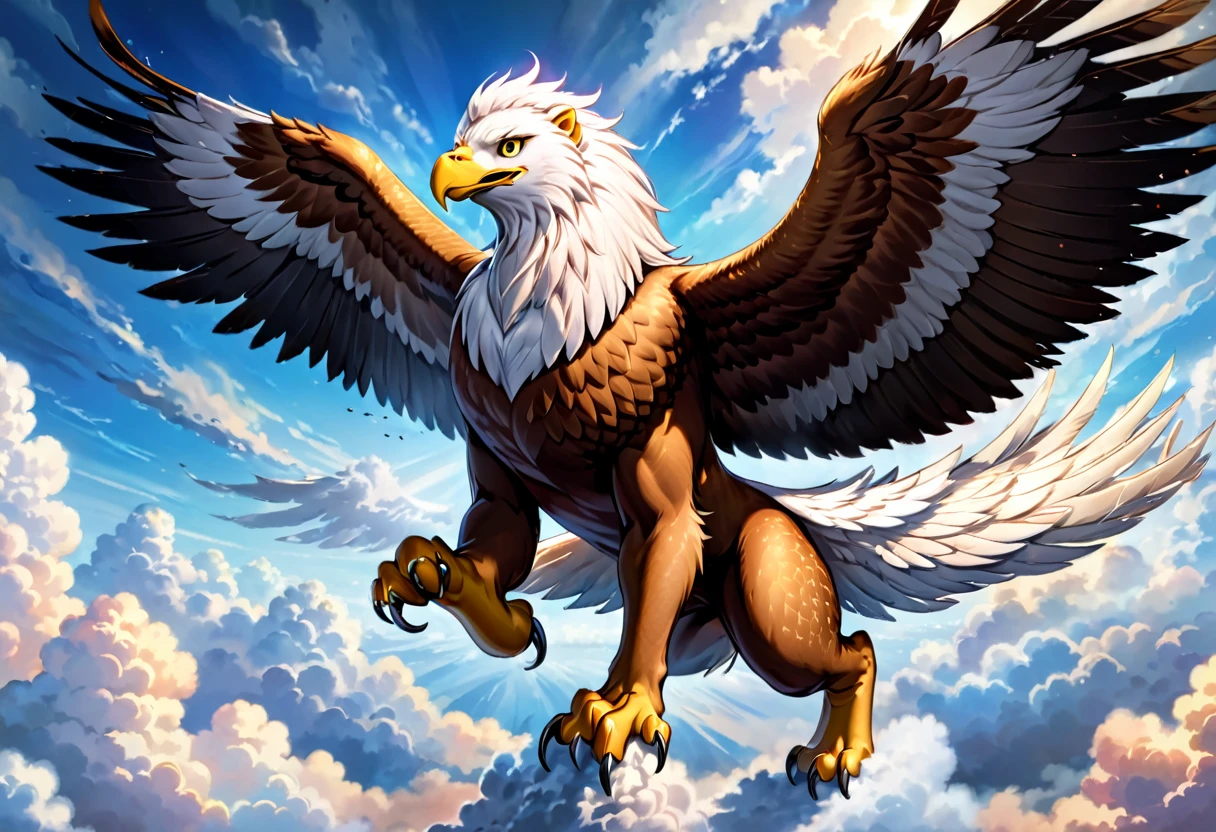 a majestic flying griffin, head and mane of a white eagle, huge eagle wings, fore legs and talons of a bald eagle, body and hind legs of a lion, lion tail, flying gracefully through clouds, ultra-detailed, 8k, photorealistic, cinematic lighting, dramatic composition, beautiful colors, fantasy art
