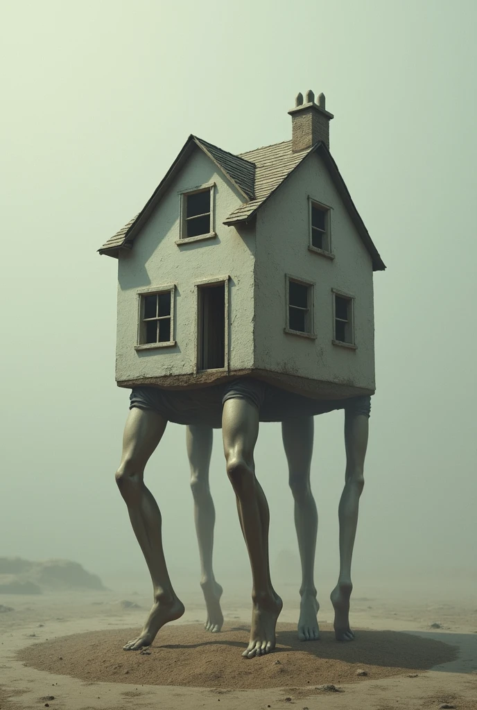 A house so small that a man&#39;s limbs stick out through the floor and windows, as if the house were the clothes