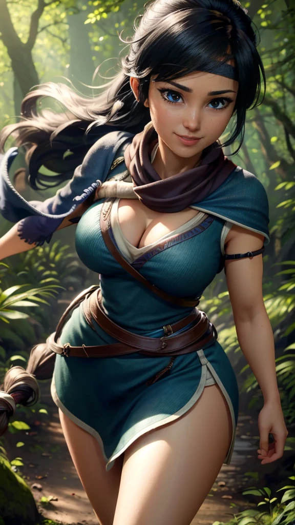 Kena da bridge of spirits,(best qualityer,4K,8k,high resolution,work of art:1.2)(weather: windy), spirit forest background, long hair, micro shorts, pantyhose, magic scepter, headband,gloves,ultra detailed,realisitic,portraite,beautiful detailed blue eyes,beautiful detailed lips,extremely detailed eye and face, long eyelashes,sexly,average, large breasts, cleavage,flying hair,beaming smile,powerful girl in a forest, walking,stunning curves,bright coloured,dramatic lighting,composition,