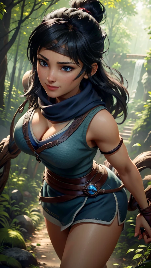 Kena da bridge of spirits,(best qualityer,4K,8k,high resolution,work of art:1.2)(weather: windy), spirit forest background, long hair, micro shorts, pantyhose, magic scepter, headband,gloves,ultra detailed,realisitic,portraite,beautiful detailed blue eyes,beautiful detailed lips,extremely detailed eye and face, long eyelashes,sexly,average, large breasts, cleavage,flying hair,beaming smile,powerful girl in a forest, walking,stunning curves,bright coloured,dramatic lighting,composition,
