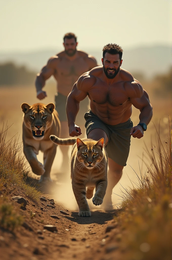 Some lions are chasing to catch chubby cat and her bodybuilder husband
