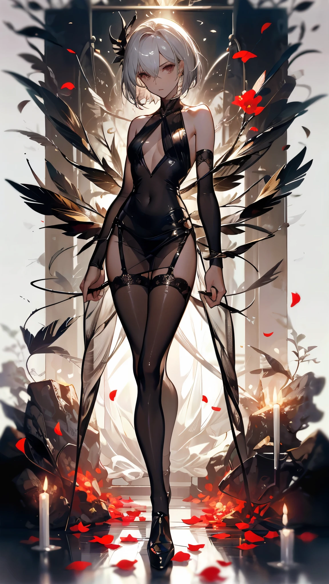 Perfect quality，Perfect body proportions，Long legs，silver，Succubus，whole body，Handsome short hair，Standing picture，feather，Leaves，Petals falling，sexly, See-through pantyhose，Fishnet stockings，transparent，NUDE