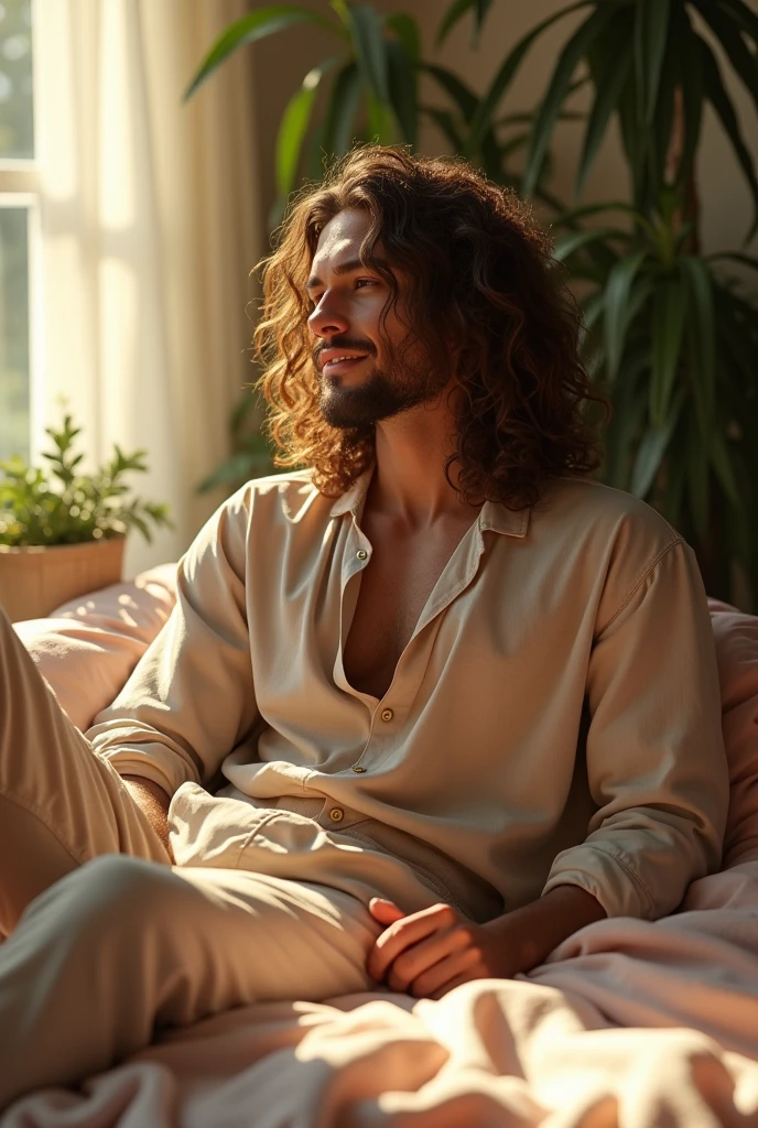 (photorealism:1.2), beautiful man, sitting on bed, wearing loose off-shoulder top, pajama pants, long curly hair, indoors, soft lighting, plants in background, window with sunlight, cozy room, relaxed pose, realistic, intricate details, warm colors, by Greg Rutkowski, by Alphonse Mucha