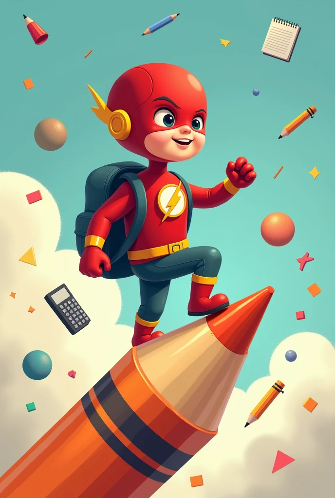 Crée une illustration vecteur d’un garçon fantaisiste réaliste déguiser en super-héros ' Flash' de Marvel , monté sur un crayon géant comme une fusée. Le est équipé d'un sac à dos , prêt pour une aventure éducative. L’arrière-plan est rempli de divers objets scolaires comme des calculatrices, des cahiers et des formes géométriques flottant dans un espace aux couleurs pastel douces pour évoquer un environnement d’apprentissage ludique et créatif., photorealism: 1.2, beauté