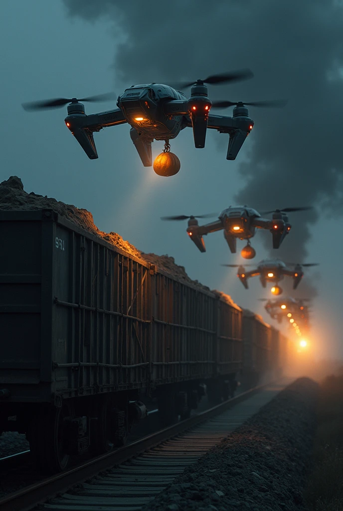 Drones lifting bags at running train backdrop at night