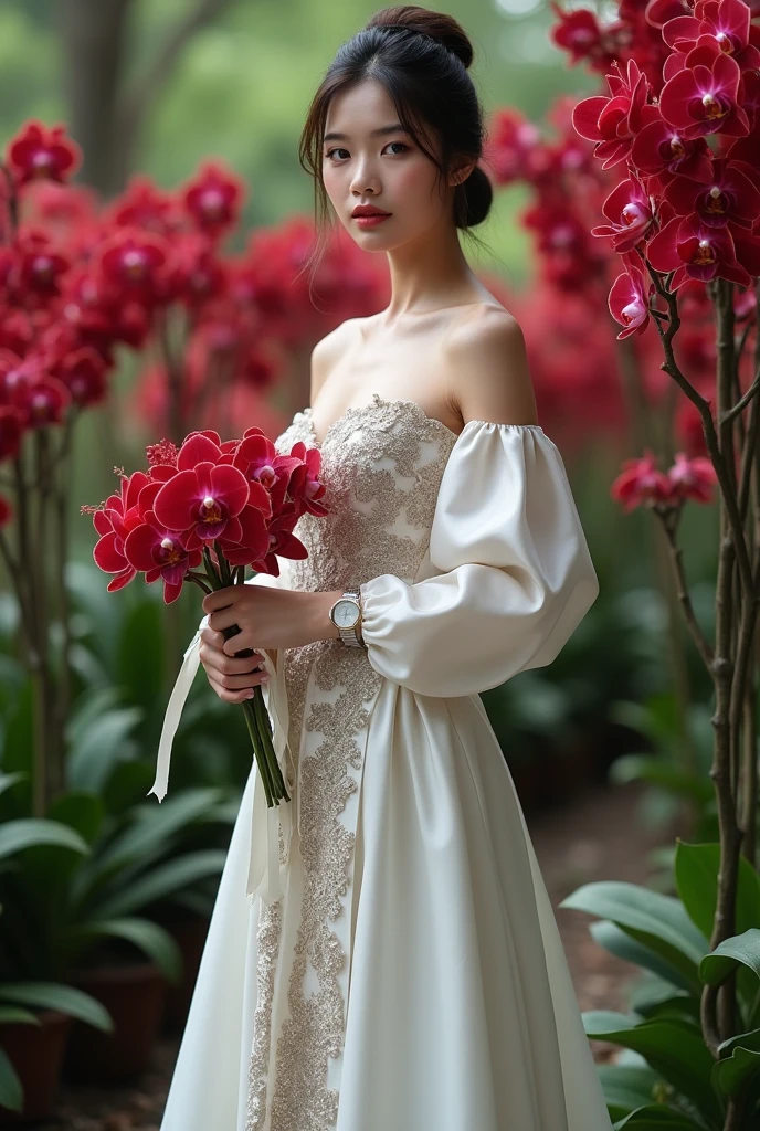 a beautiful Indonesian woman, smooth white skin, well-groomed face,top bun hair, Korean style with bangs, ,wearing a long fancy dress, closed chest, white silver satin color red orchid flower motif, panjang,left and right sleeves with beautiful ribbons,balloon sleeve model ,holding a bouquet of crimson orchids , ,luxury watch , white shoes, pose standing gracefully, eyes looking at camera. in the thicket , dark red orchid flowers that bloom beautifully and profusely. Orchid flower garden background , beautiful very amazing .Realistic original photo