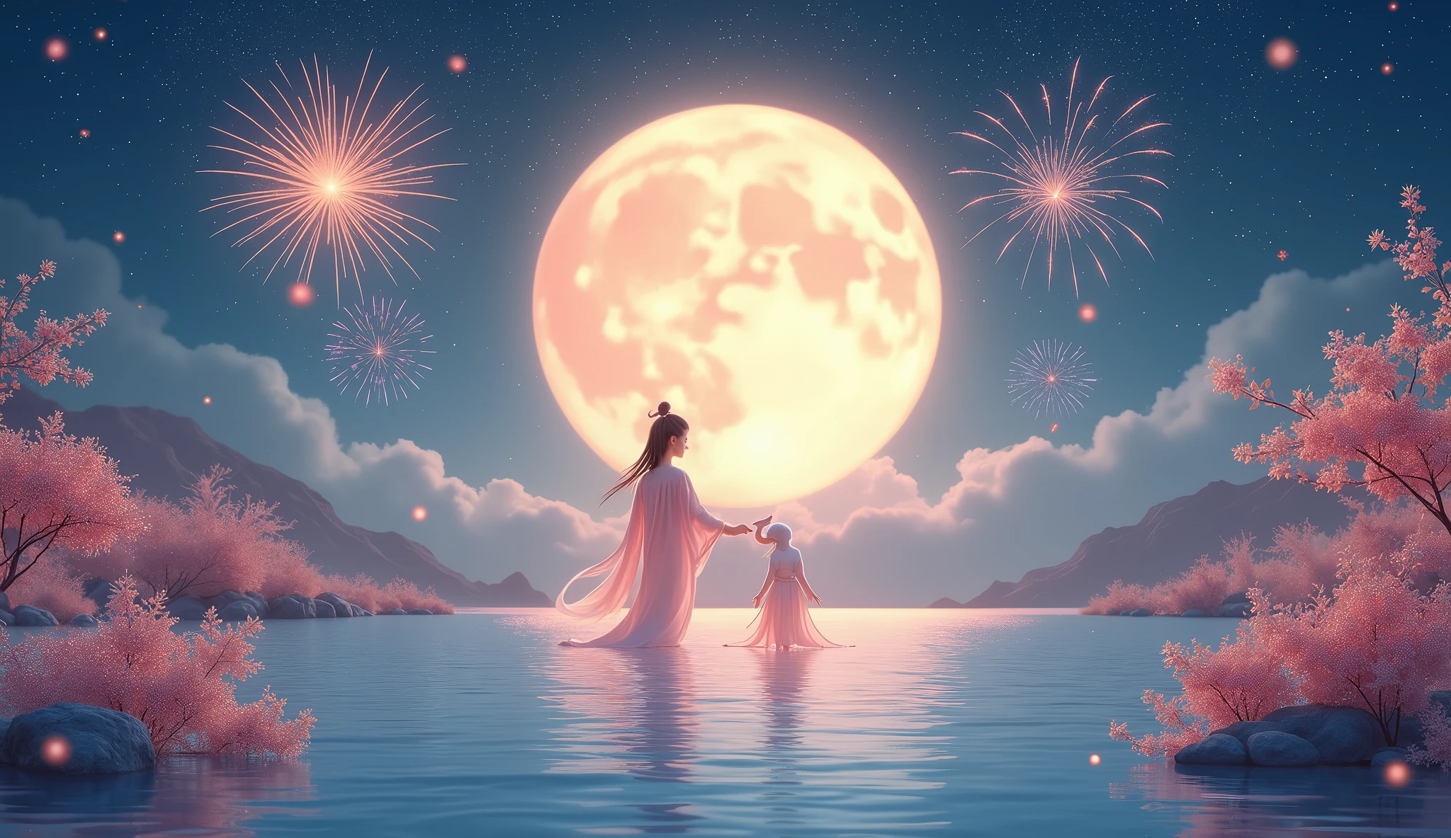 Chinese new year poster design，Light tones，blue and violet，Dreamlike scene，warm color，On the lake，Chang&#39;e and Jade Rabbit meet on the moon，Huge Moon，fireworks，Starry Sky，Strange composition，Rich details，top view，Telephoto，Chinese traditions，exit，landscape，auspicious，Light background，best quality，Pastel，Soft Light，4K，plant