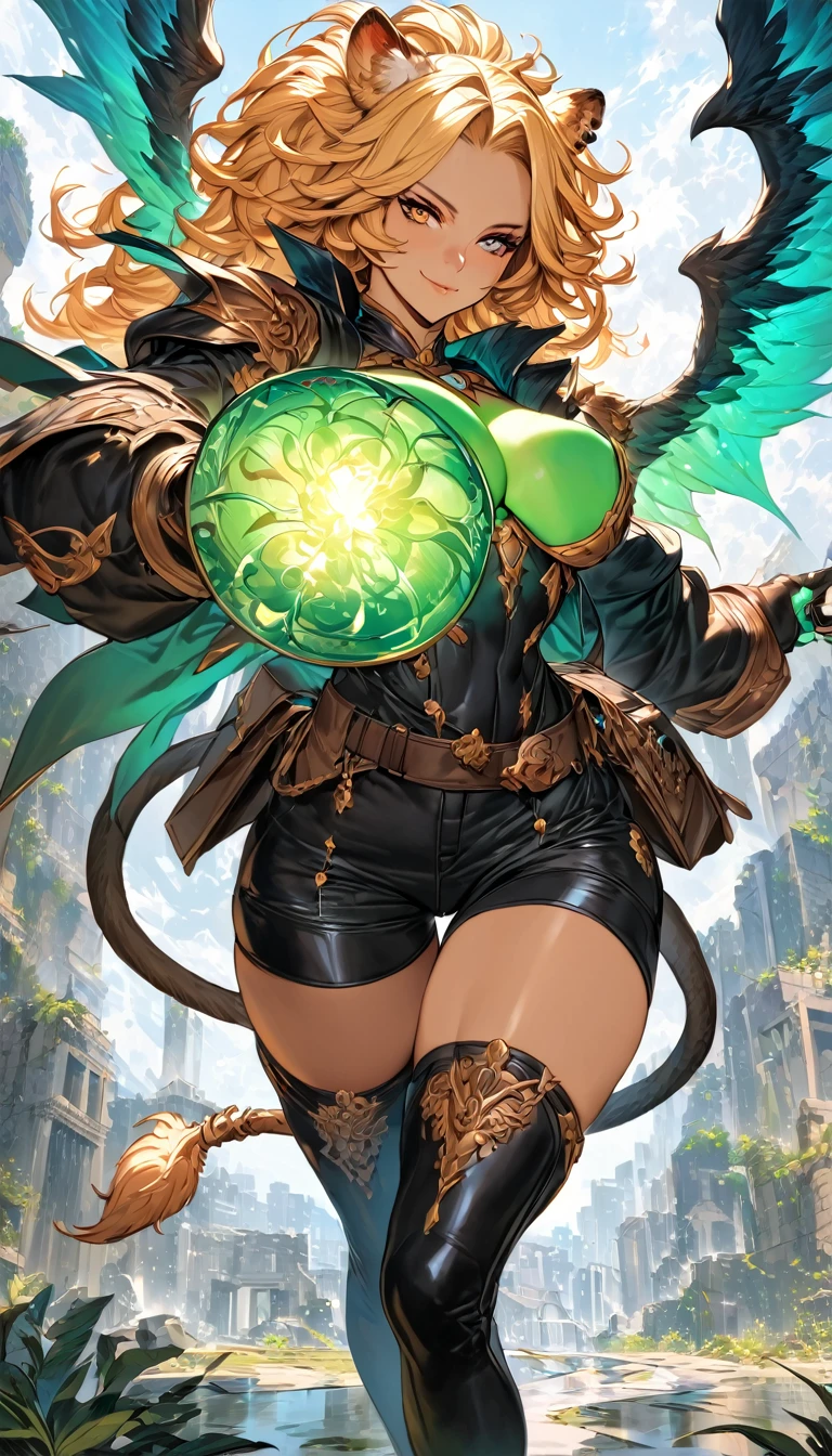 best quality,4k,8k,highres,masterpiece:1.2),ultra-detailed, extremely detailed eyes, extremely detailed body, (large masterpiece digital art), (detailed manga illustration), (detailed line art), ((perfect anatomy)), (intricate details:1.3), (ultra-detailed:1.3), (illustration:1.3), (sharp focus:1.3), (natural lighting:1.05), (vivid colors:1.3), (masterpiece), (best quality:1.4), (perfect anatomy:1.4), high quality, expressive eyes, full body, detailed face, beautiful face, perfect face, 1 girl, tall girl, ((blonde hair)), (red hair), multicolored hair, two-toned hair, ((dark skin)), (((dark skinned female))), griffon, large breasts, thick thighs, very long hair, bare shoulders, denim, (short shorts), dynamic pose, silver jewelry, choker, animal ears, (lion ears), (lion tail), thigh-highs, ((animal ears)), skin dentation, curvy, monster girl, heterochromia, (orange eye), (icy blue eye), ((wings)), feathered wings, black feathers, green glowing feathers, thigh gap, (white shirt), black leather jacket, thigh boots, dynamic lighting, cinematic lighting, smiling, ((Greek ruins background)), Atey Ghailan, Jeremy Mann, Greg Manchess, Antonio Moro, trend in ArtStation, trend in CGSociety, Intricate, High Detail, Sharp focus, dramatic and photorealistic painting art by Midjourney and Greg Rutkowski, Jeff Bridges, ((cartoon style)), Marvel Cinematic Universe style