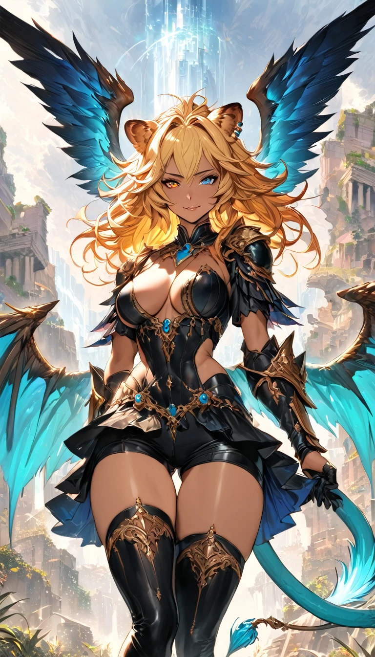 best quality,4k,8k,highres,masterpiece:1.2),ultra-detailed, extremely detailed eyes, extremely detailed body, (large masterpiece digital art), (detailed manga illustration), (detailed line art), ((perfect anatomy)), (intricate details:1.3), (ultra-detailed:1.3), (illustration:1.3), (sharp focus:1.3), (natural lighting:1.05), (vivid colors:1.3), (masterpiece), (best quality:1.4), (perfect anatomy:1.4), high quality, expressive eyes, full body, detailed face, beautiful face, perfect face, 1 girl, tall girl, ((blonde hair)), (red hair), multicolored hair, two-toned hair, ((dark skin)), (((dark skinned female))), griffon, large breasts, thick thighs, very long hair, bare shoulders, denim, (short shorts), dynamic pose, silver jewelry, choker, animal ears, (lion ears), (lion tail), thigh-highs, ((animal ears)), skin dentation, curvy, monster girl, heterochromia, (orange eye), (icy blue eye), ((wings)), feathered wings, black feathers, green glowing feathers, thigh gap, (white shirt), black leather jacket, thigh boots, dynamic lighting, cinematic lighting, smiling, ((Greek ruins background)), Atey Ghailan, Jeremy Mann, Greg Manchess, Antonio Moro, trend in ArtStation, trend in CGSociety, Intricate, High Detail, Sharp focus, dramatic and photorealistic painting art by Midjourney and Greg Rutkowski, Jeff Bridges, ((cartoon style)), Marvel Cinematic Universe style
