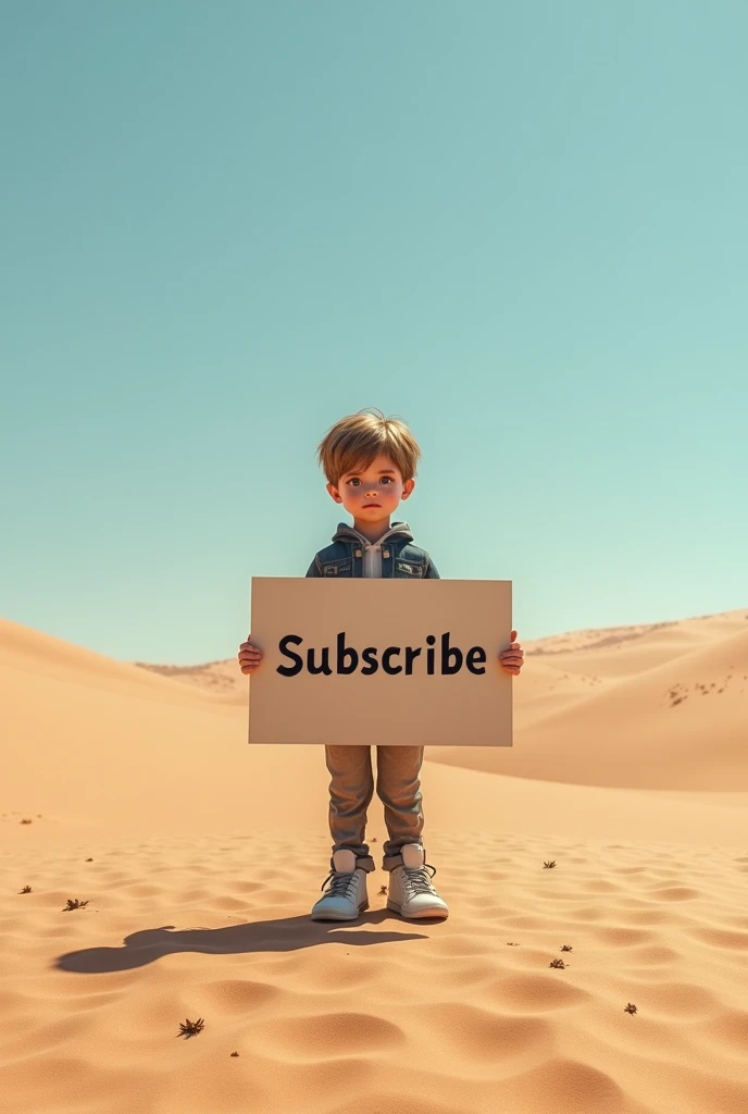 A boy will be standing in the desert in Gama, holding a board with a subscribe  it
