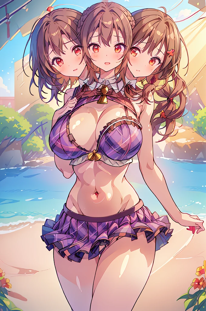 (masterpiece, best quality), best quality, (ultra-detailed), (((3heads:1.5)))), ((three headed girl:1.5)), 1girl, (sumireko usami:1.3), masterpiece, best quality, ultra quality, ultra resolution, ultra detail, purple plaid top, crop top, ((stomach)), midriff, ((groin)), purple plaid skirt, normal ears, shackles, brown hair, shoulder-length hair, short pigtails, short hair, ((brunette)), sidelocks, brown eyes, detailed eyes, parted lips, smiling, cute smile, cute, open belly, toned belly, hand on own chest, eyelashes, (2 woman:1.3), (masterpiece:1.5), (best quality:1.5), (beautiful detailed), extremely detailed CG, extremely delicate and beautiful, depth of field, (finely detailed face), (perfect details:1.2), (mature female:1.3), wide pelvis, slender, large veiny breast, 16k resolution, highres, very high quality, very high definition, extremely detailed, masterpiece, brown hair,short hair, alluring presence, braid, short skirt, close up, very big tits, huge breasts, young, fedora, girl with three heads, three headed girl,
