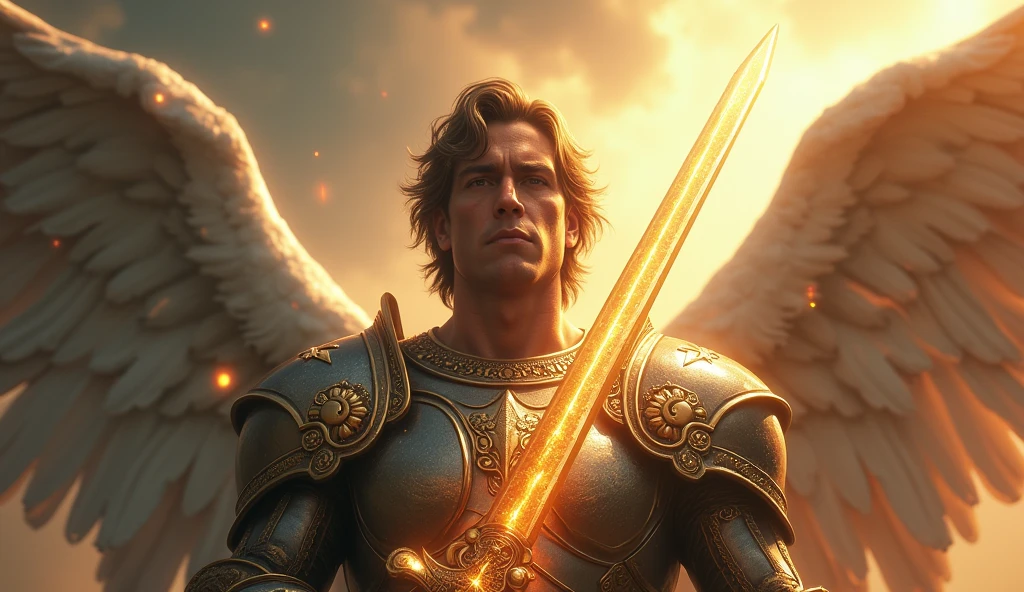 Angel Michael descending from heaven with a sword in his hand and armor, the sky is scary. focus on the angel's face