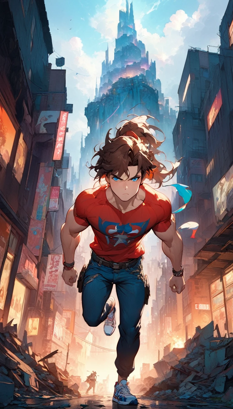 best quality,4k,8k,highres,masterpiece:1.2),ultra-detailed, extremely detailed eyes, extremely detailed body, (large masterpiece digital art), (detailed manga illustration), (detailed line art), ((perfect anatomy)), (intricate details:1.3), (ultra-detailed:1.3), (illustration:1.3), (sharp focus:1.3), (natural lighting:1.05), (vivid colors:1.3), (masterpiece), (best quality:1.4), (perfect anatomy:1.4), high quality, expressive eyes, full body, detailed face, beautiful face, perfect face, (((1boy))), angry, (((male focus))), muscular, detailed messy hair, long hair, brown hair, blue eyes, t-shirt, jean pants, sneakers, cinematic lighting, dramatic atmosphere, Atey Ghailan, Jeremy Mann, Greg Manchess, Antonio Moro, trend in ArtStation, trend in CGSociety, Intricate, High Detail, Sharp focus, dramatic and photorealistic painting art by Midjourney and Greg Rutkowski, Jeff Bridges, ((cartoon style)), Marvel Cinematic Universe style, (((ruined city in the background))),