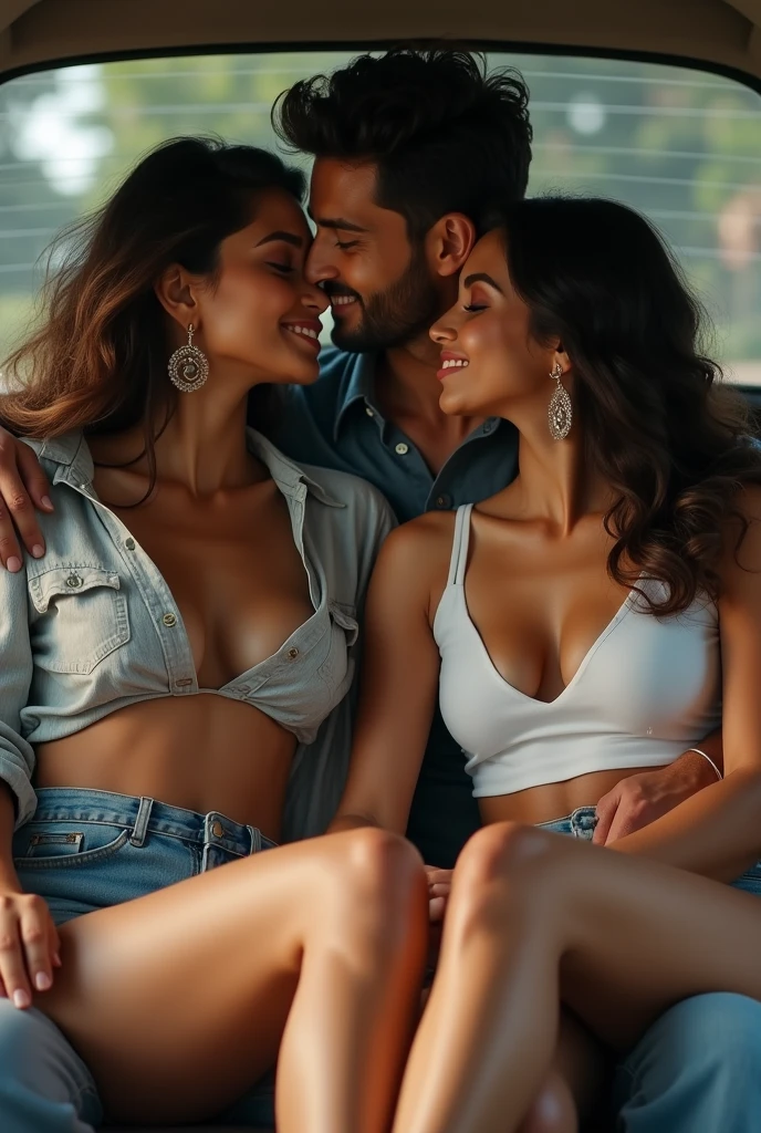 top angle close up image, two Beautiful Indian woman and one man having romance, sitting on the lap of the man at the back seat , romantic scene, soft natural lighting, wearing deep neck casual shirt and wearing a micro mini skirt, his hand is around her shoulder, beautiful romance