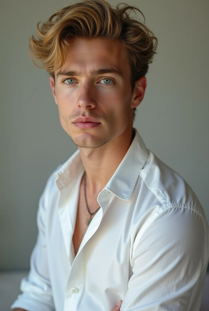 (Photorealism:1.2), naughty man, , Youngh, blue eyes boy, blonde curly hair, Caucasian skin, comely, Masterpiece artwork, serious countenance, rosy lips, fine nose, deslubrante,photo by full body, standing, looking at side, perfil, sexy look with white dress shirt, realistic painting image, 8k.