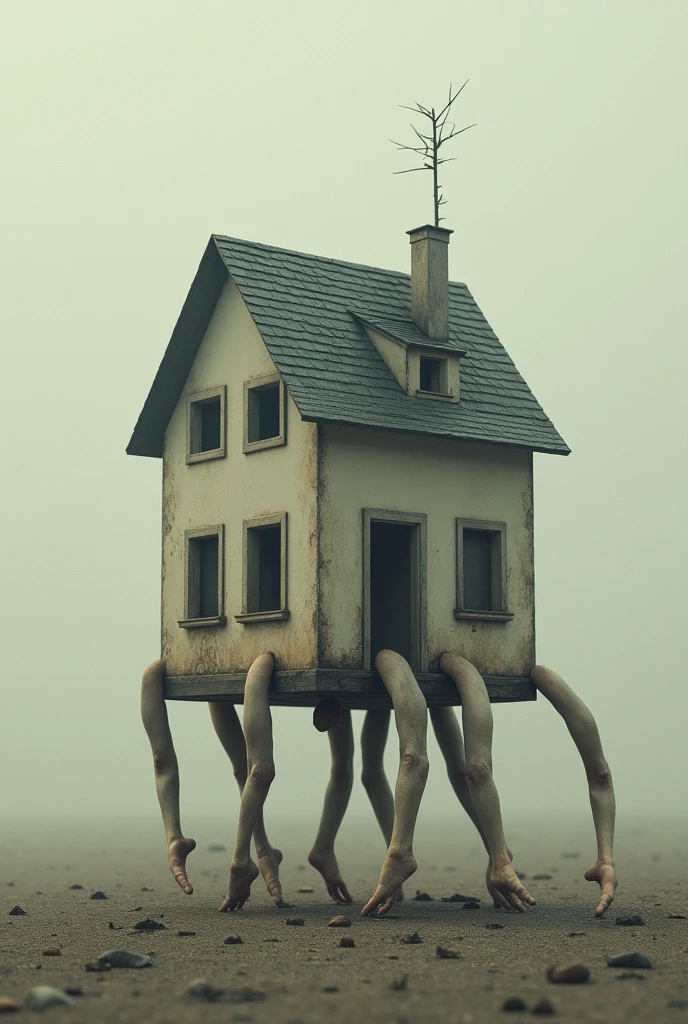 A house so small that a man's limbs stick out through the floor and windows, as if the house were the clothes