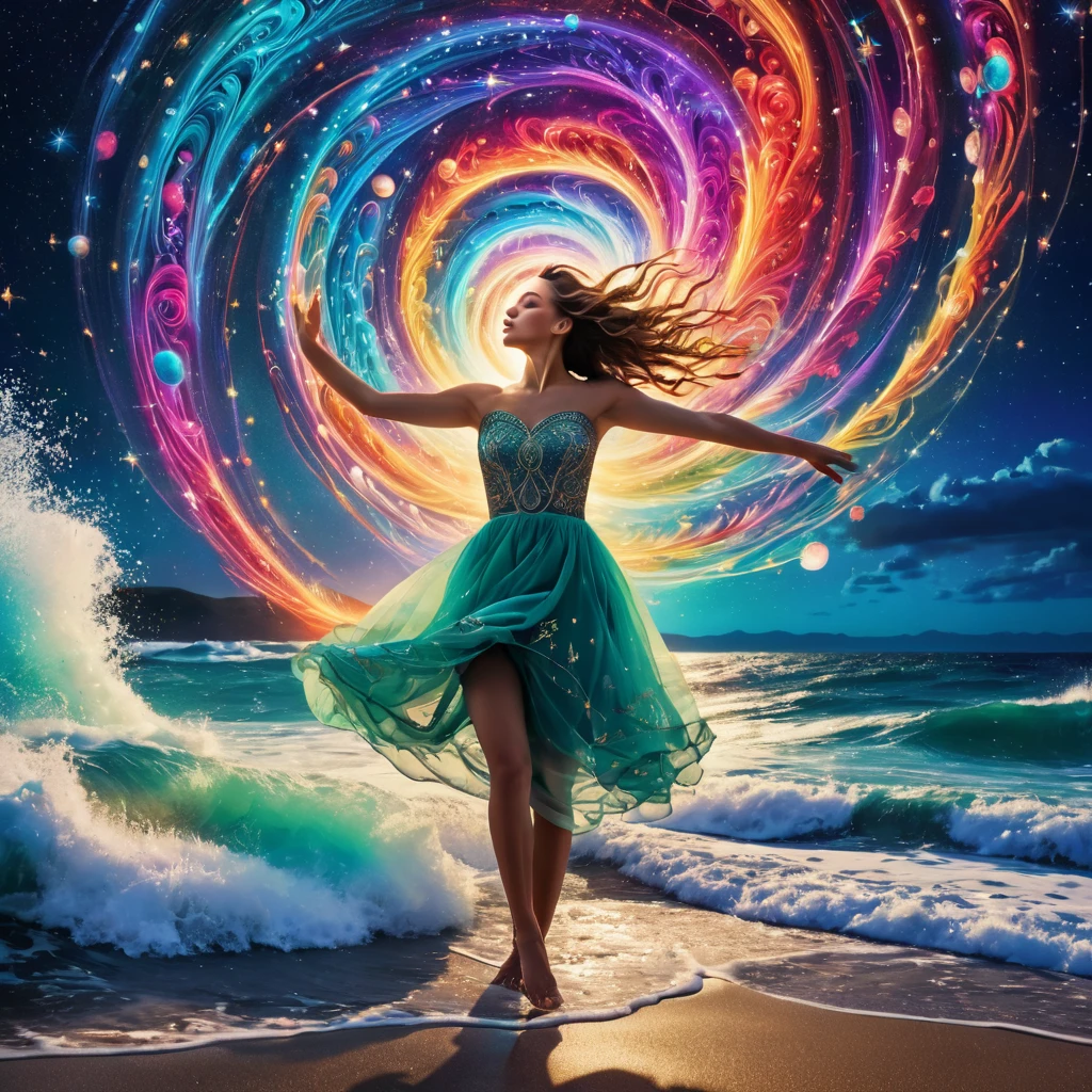 Cinema Lighting, Vibrant colors, Ultra-high resolution, (Intricate and sharp details:1.5),
Fantasy Style Photo, colorful, Vivid,
night, performer, constellation, Swirling colors, The color of the sky is、Blending with the foaming sea、Create a fascinating sight,