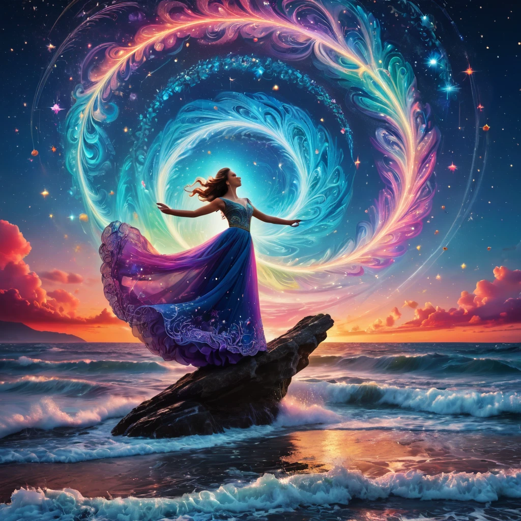 Cinema Lighting, Vibrant colors, Ultra-high resolution, (Intricate and sharp details:1.5), 

Fantasy Style Photo, colorful, Vivid, 

night, performer, constellation, Swirling colors, The color of the sky is、Blending with the foaming sea、Create a fascinating sight,

