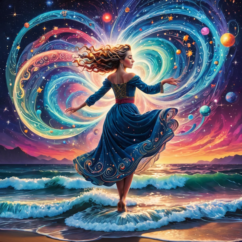 Cinema Lighting, Vibrant colors, Ultra-high resolution, (Intricate and sharp details:1.5), 

Fantasy Style Photo, colorful, Vivid, 

night, performer, constellation, Swirling colors, The color of the sky is、Blending with the foaming sea、Create a fascinating sight,


