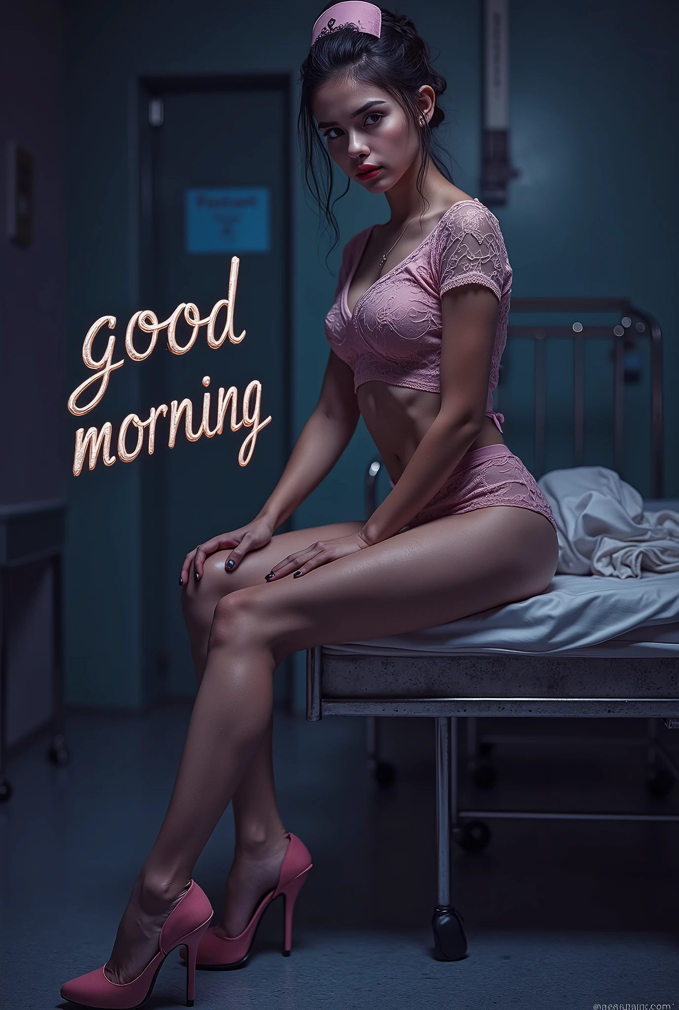 A conceptual photo of a young and sexy female nurse with a captivating gaze. She wears a tight-fitting, sheer uniform with lace detailing and high heels. The Kursive Quadrian Elegant Script name "GOODMORNING" is elegantly written in MetallicThe background is dark, with a hint of a medical setting. The focus is on the nurse's alluring gaze. The overall ambiance is sultry and enticing, challenging the traditional image of a nurse.