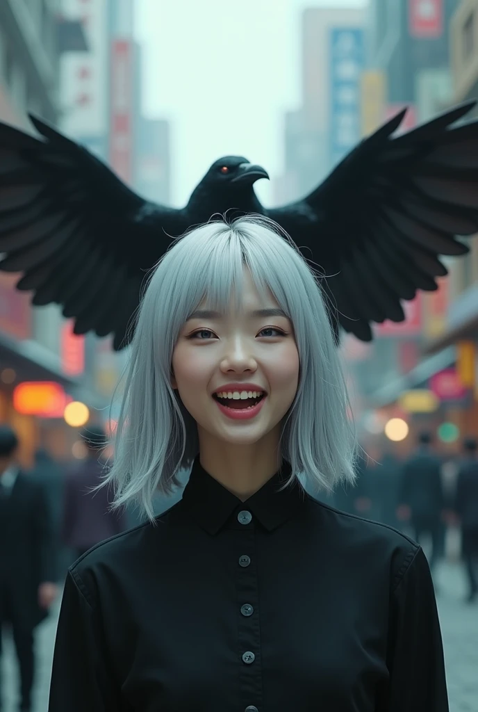 ((4K works))、masterpiece、(top-quality)、((high-level image quality))、((one beautiful women))、Slim body、((Black Y Shirt Fashion))、(Detailed beautiful eyes)、Crow on fantastic city background、Walk the crowded streets、((Face similar to Chaewon in Ruseraphim))、((shoulder-length hair))、((bright silver hair))、((Smaller face))、((Neutral face))、((Light blue eyes))、((Korean Women))、((18year old))、((Wild Lady))、((Wild look))、((Show your fangs and laugh))、((Korean makeup with black eyeshadow))、((elongated a