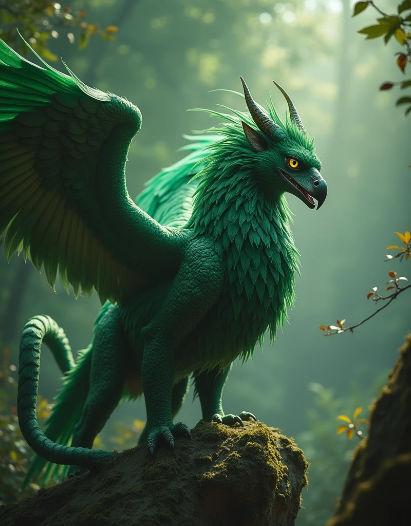 Griffin, a mysterious creature in ancient folklore,Often depicted as a combination of various animal bodies。Its head is an eagle,A lion,The tail is a snake,Fierce。The beast roams the dense fores fiery eyes have hypnotic power。It's naked,Walking with muscular legs。It bends its wings from time to time,The wings are decorated with glittering feathers,Like an emerald。The sight of this beast would freeze one in fear.,But its majestic appearance also attracts brave people to approach it.。