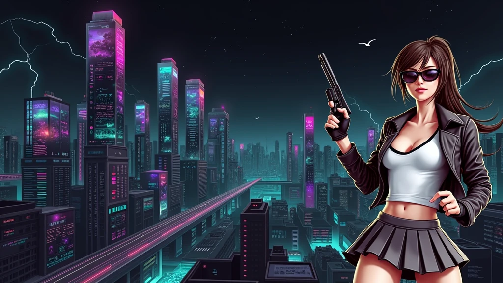 Matrix inspired futuristic cityscapes with colorful all-glass outlined towering skyscrapers with lightning, flying vehicle. High-resolution OLED GUI interfaces in the building, The windows are filled with transparent data visualization infographics that show it all, very close-up green glowing cascading code. Colors are saturated and vibrant. At night, (1 female assassin crouching on a skateboard, solo, alone), photorealistic, large-breast slim:0.6 body, oval:0.5 face, cleavage:1.1, very low angle view of pleated miniskirt, deep-v, (upskirt), glove, (Matrix style black micro sunglasses), (aiming viewer with a short gun), dynamic skating pose, (full-body thigh level close-up:2.0 shot), cinematic lighting, ray tracing, motion blur background.