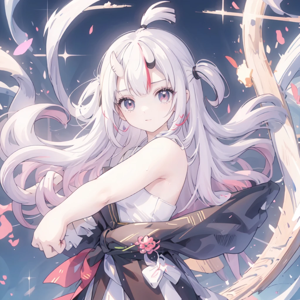 with long coiled hair, flowers in head, Cat ears, Bright pupils, Blush, (Monet:1), anaglyph, Fuji colors, outside border, Top-down view, hyper HD, Masterpiece, ccurate, Textured skin, 4K, Best quality, A high resolution, High quality, hyper HD, Masterpiece, Textured skin, A high resolution, Best quality, High quality, 4K，Exquisite facial features，Rich colors，Superskirt，Raised sexy，semi transparent，sweat leggs，dual horsetail，silvery white hair，Red pupils，Bow knot，(Wolf tail:1)，bell，Exquisite facial features，Draw your sword in your hand