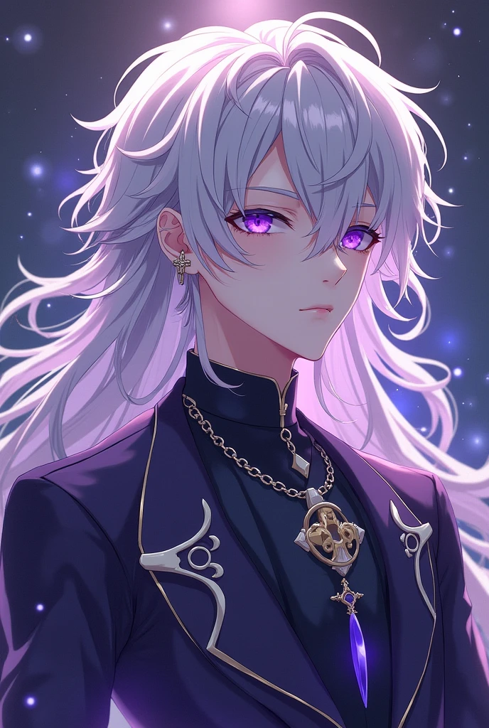 Anime, handsome youth, wavy long silver hair, mesmerising amethyst eyes, male idol, left ear piercing in form of a cross, noble bearing, demon ascendance, Enkidu appearance, sci-fi clothes