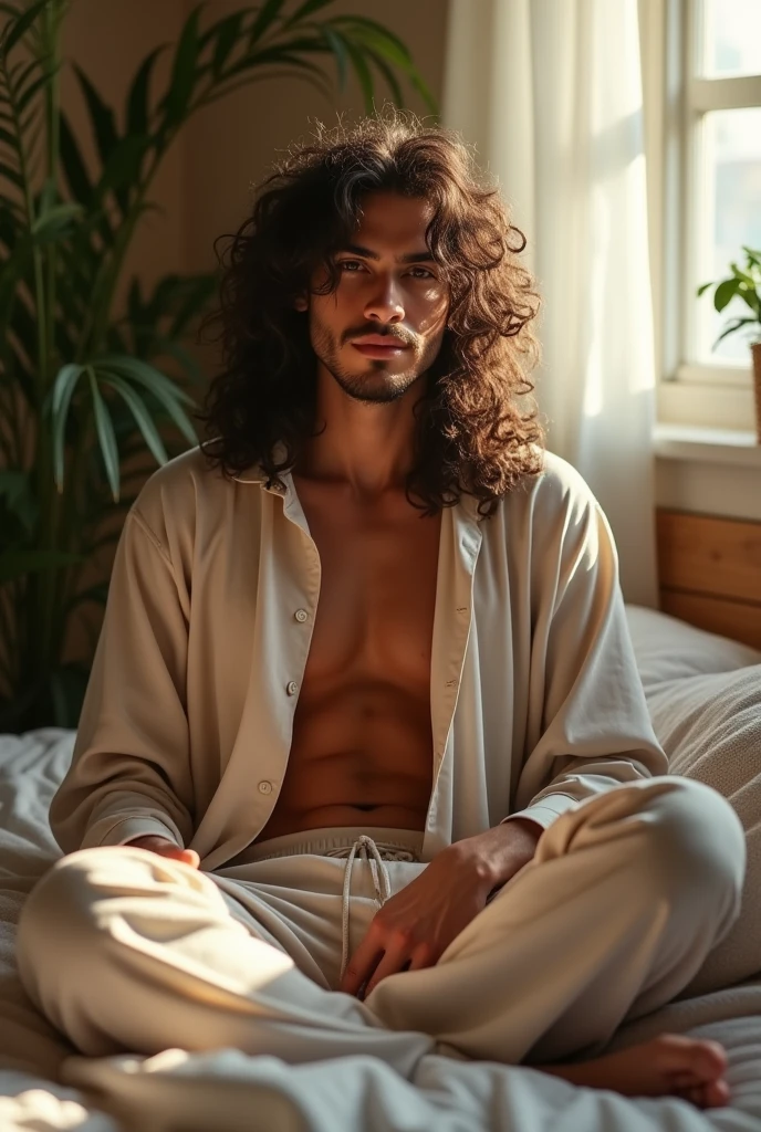 (photorealism:1.2), beautiful man, sitting on bed, wearing loose off-shoulder top, pajama pants, long curly hair, indoors, soft lighting, plants in background, window with sunlight, cozy room, relaxed pose, realistic, intricate details, warm colors, by Greg Rutkowski, by Alphonse 