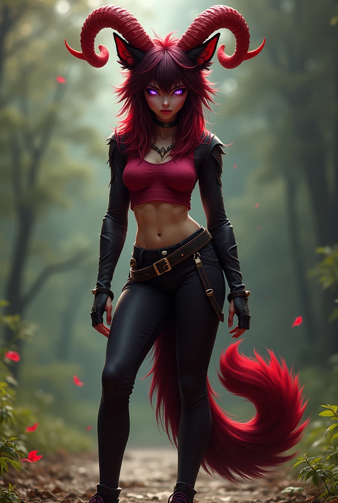 Wolf fur(Red color y negro), red devil's tail, teenager(athletic), casual clothes(black color), musculino(teenager), ram horns(Red color),Alone (Posing), Violet Wolf Eyes, delgado(skinny)