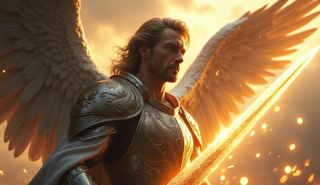 Angel Michael descending from heaven with a sword in his hand and armor, the sky is scary. focus on the angel's face
