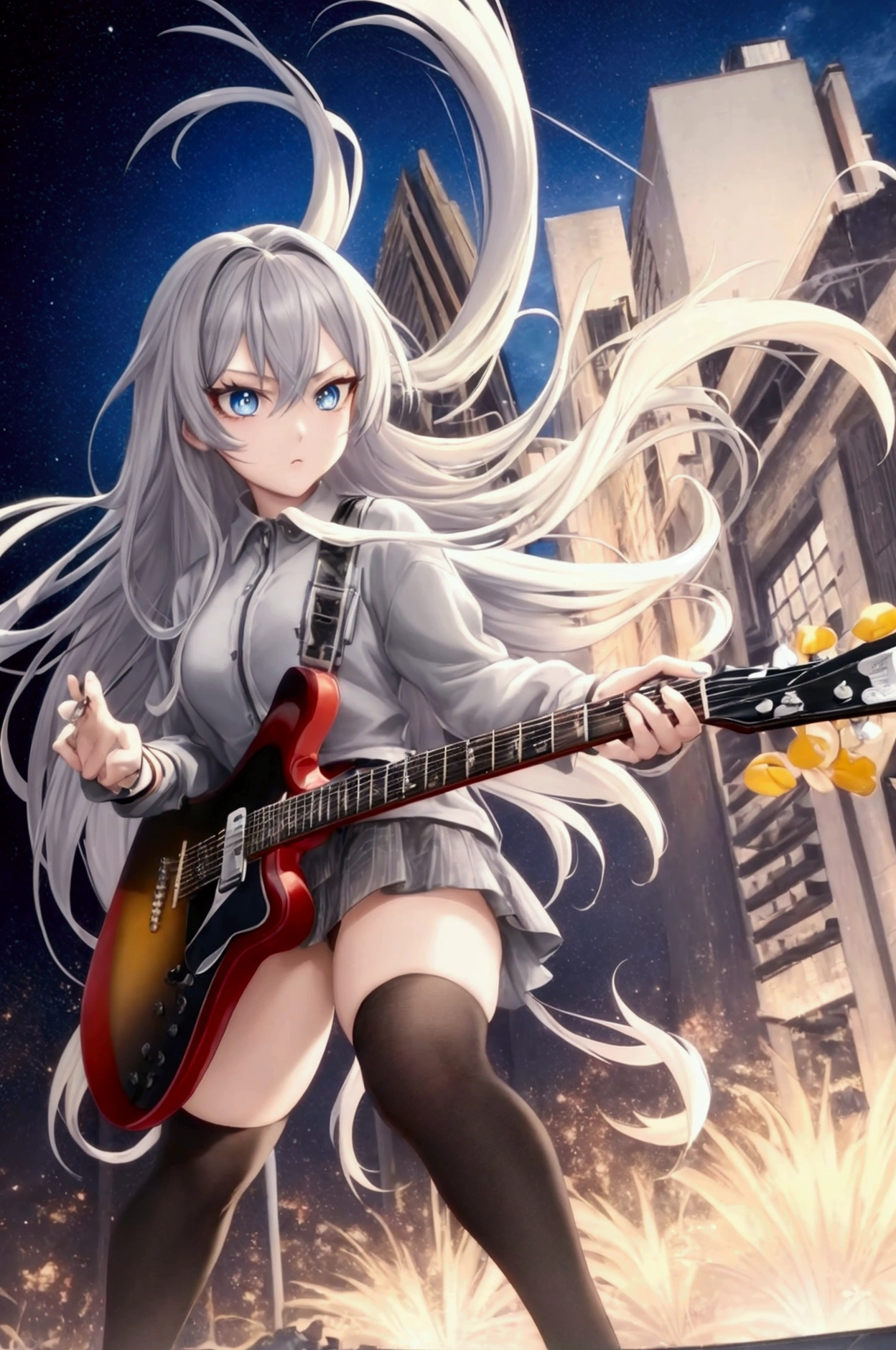 anime, masterpiece, best quality, UHD, anatomy correct, detailed skin, detailed pupils, detailed hair, girl, cool girl, hair correct, full body, vtuber full body, standing pose, guitarist,grey hair, long hair, blue eyes, play guitar, black background, pose, dynamic pose