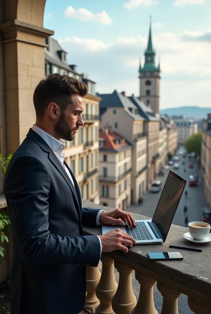 A successful trader with his laptop somewhere in Europe other than Paris 