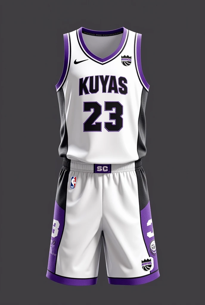 White basketball jersey 
Name Kuyas with black and purple accent paired with shorts number 23 sacramento kings inspired