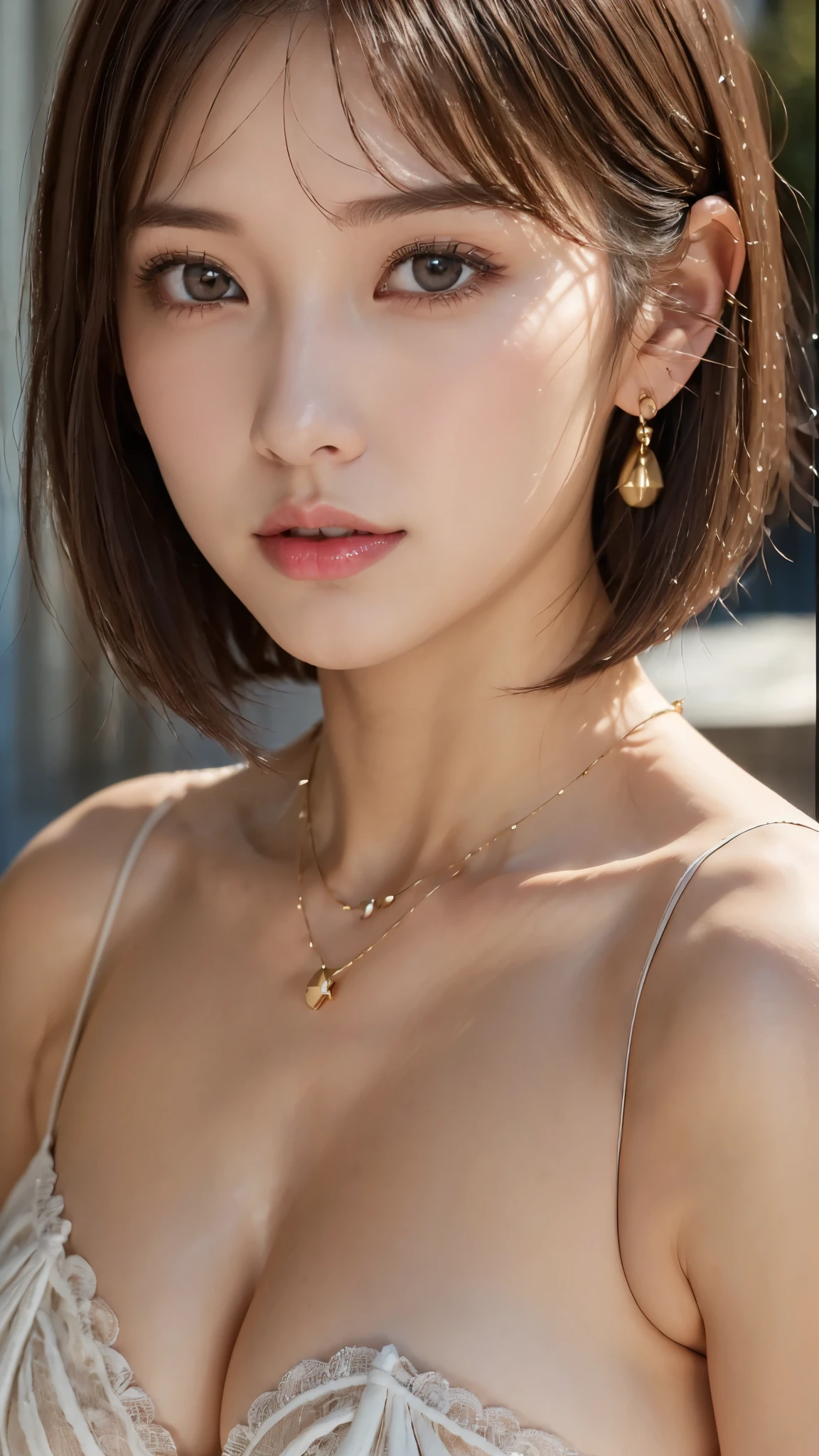 (Photorealistic, 32k, RAW photo, best quality:1.4), (masterpiece:1.3), (ultra high resolution, ultra realistic, highly detailed, golden ratio, ultra detailed), 1 beautiful woman, natural makeup, intricate cloth texture, finely detailed hair texture, beautiful full-body, perfect female form, anatomically accurate, highly detailed face and skin, (elegant hands), (realistic skin), (beautiful pale skin:1.1), (upper body, extreme close-up:1.8), (Oversized Breasts, generous cleavage1.3), (Wearing white Slip Dress:1.5), (Earrings, Pendant), 
BREAK,
realistic eyes, captivating detailed eyes, symmetric eyes, light brown eyes, double eyelids, thin eyebrows, (glossy lips:1.4), (face waiting for kiss, blush:1.3), 
BREAK,
((short bob cut, dark brown hair, bangs:1.2)), (Moonlit night, terrace:1.3)