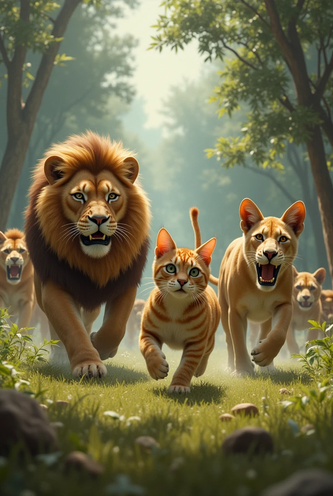 Some lions are chasing to catch chubby cat and her bodybuilder cat