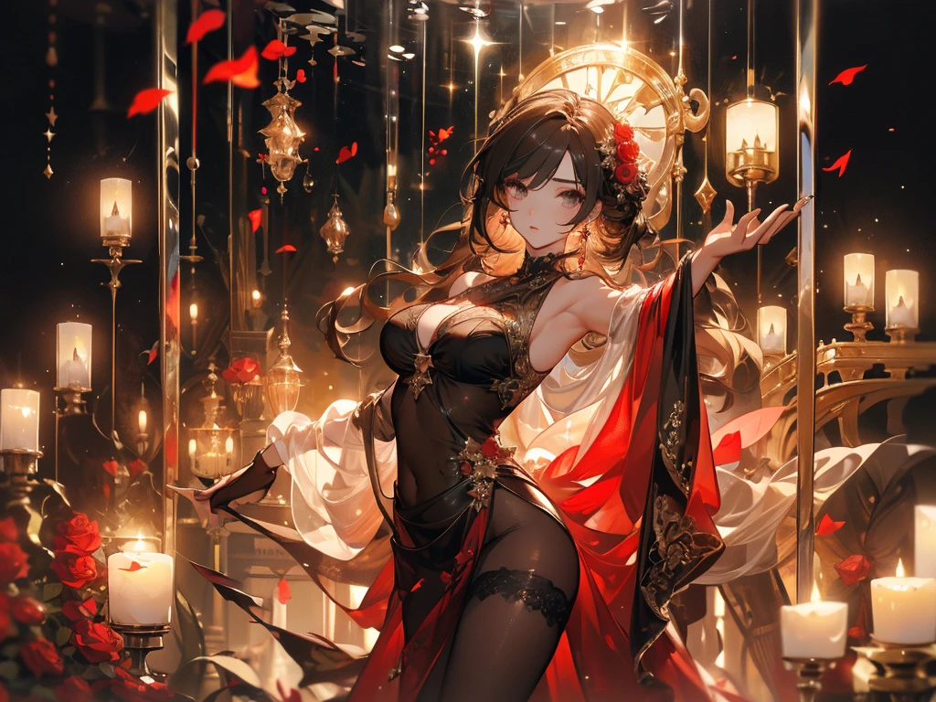 ((masterpiece, best quality)),singer,Rose,earphone,Delicate face,whole body,Perfect body proportions,luxurious,Extremely beautiful,Leaves,Petals falling sexy, See-through pantyhose,Fishnet stockings,transparent,Star decoration