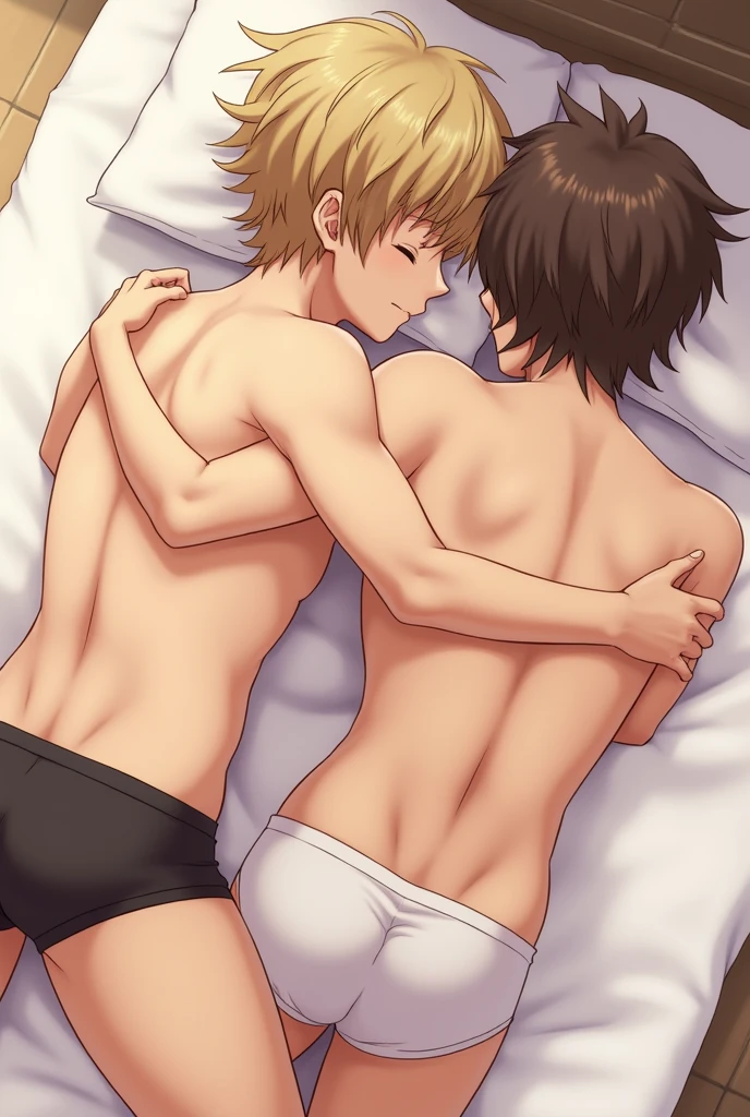 Two boys　High school students　Sleep in bed　fullnude　The erection　Raise both hands　armpits hair