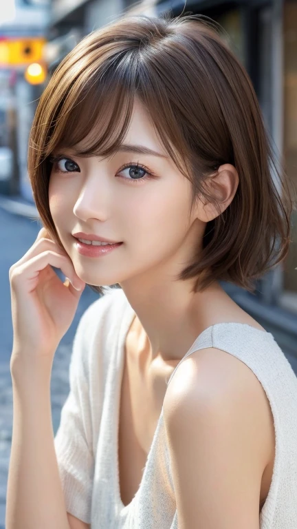 (8k, RAW Photos, Highest quality:1.2), (reality, reality的:1.4), (非常に詳細な8kwallpaper)、Sharp focus, Cinema Lighting, 細部までBeautiful Eyes, Asymmetrical bangs, Glowing Skin, Highly detailed skin ,High resolution, Attention to detail, Detailed hairstyle, Detailed beauty face, Hyper Real, Perfect limbs, Perfect Anatomy ,1 Japanese girl,Famous idols of Japan, Perfect female body,smile,short eyelashes,double eyelid、Look straight here,Stand up straight and face me, whole body ,,look straight at me,Streets of Europe、Tabletop、wallpaper、reality的、Bright lighting、Professional Lighting、Face Light Smooth Lighting、Japanese women、Adult、Beautiful woman、action、gravure、Sexy、so beautiful、Beautiful Skin、Beautiful and detailed、Detailed face、slim、moderately、((short hair))、((Brunette Hair))、Brown eyes、Looking into the camera、Small Bust、Pretty face,, smile, Blurred Background, 超High resolution, Backlight, Top-down angle,whole body、Accurate 5 fingers, software , Bony body, Japanese women, One person, Perfect body, 超Detailed face, Detailed lips, Beautiful Eyes, double eyelid, Light brown hair, Asymmetrical hair, Asymmetrical bangs, Messy Hair,Short sleeve knit:2.0's outfit