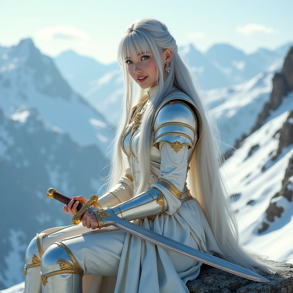 Silver Hair, Masterpiece, High Resolution, Best Quality, Award Winning, Super Detailed, UHD, Silver Hair Goddess with long beautiful hairs sitting practicing swordsmanship on top of a rugged mountain claded in white and gold enchanting full plated Armour Smile, Bangs, Blue eyes, 
