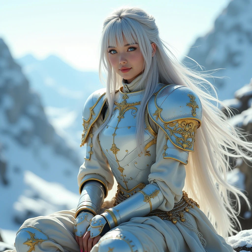 Silver Hair, Masterpiece, High Resolution, Best Quality, Award Winning, Super Detailed, UHD, Silver Hair Goddess with long beautiful hairs sitting practicing swordsmanship on top of a rugged mountain claded in white and gold enchanting full plated Armour Smile, Bangs, Blue eyes,