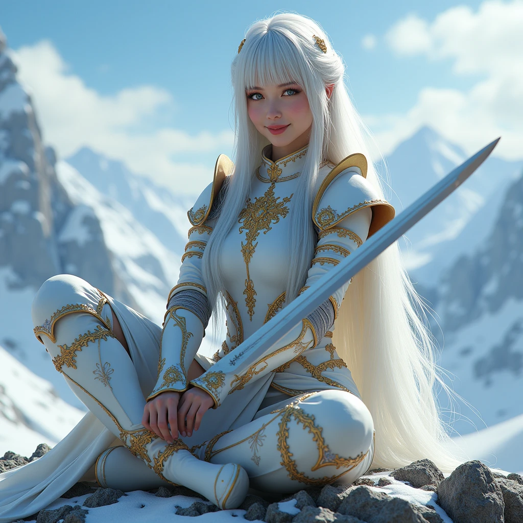 Silver Hair, Masterpiece, High Resolution, Best Quality, Award Winning, Super Detailed, UHD, Silver Hair Goddess with long beautiful hairs sitting practicing swordsmanship on top of a rugged mountain claded in white and gold enchanting full plated Armour Smile, Bangs, Blue eyes, 